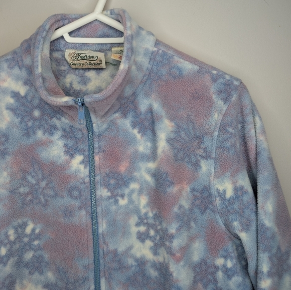 Tradition Country Blue Pink White Snow Fleece Grandma Zip Up Sweater Medium - Picture 5 of 10